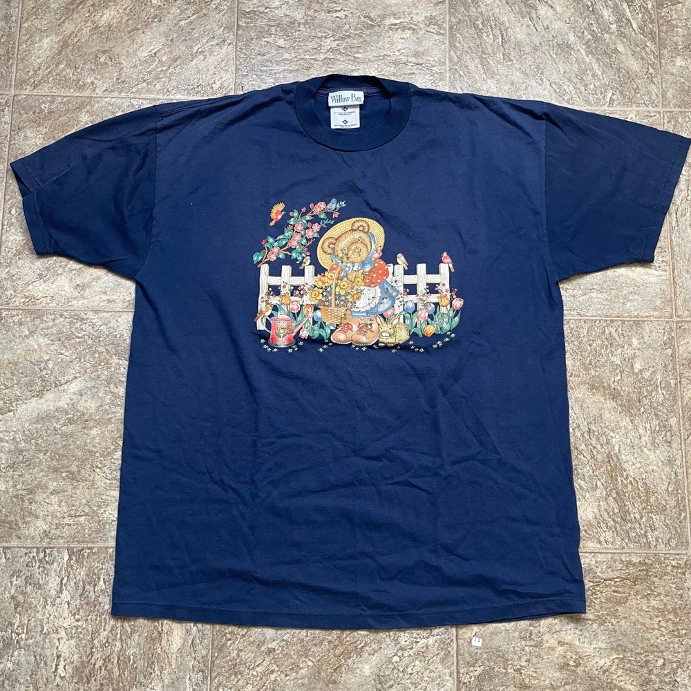 Willow Bay Vintage Teddy Bear Garden Graphic T-Shirt Navy Blue XL Made in USA
